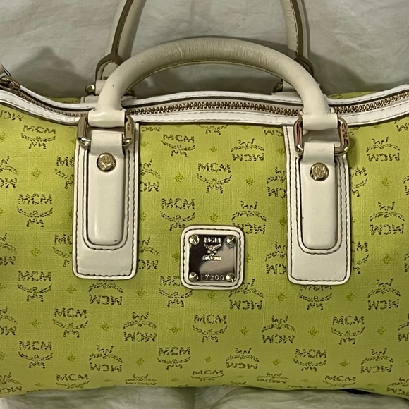 MCM Handbag Boston Speedy Bag Green MCM Leather Visetos Satchel Tote Bags Purses - Picture 1 of 12